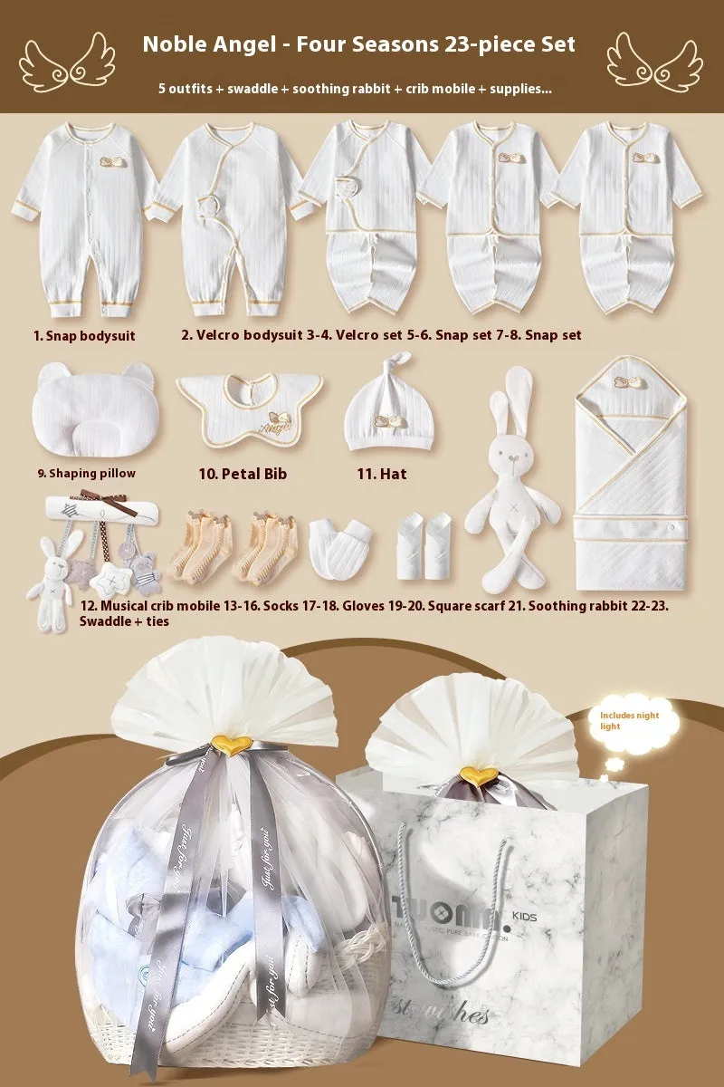 Cotton newborn gift box suit with long sleeve cardigan, soothing rabbit bed bell, and 18-23 pieces for 0-12 months babies