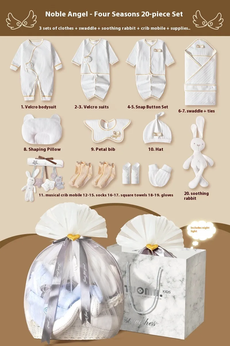Cotton newborn gift box suit with long sleeve cardigan, soothing rabbit bed bell, and 18-23 pieces for 0-12 months babies