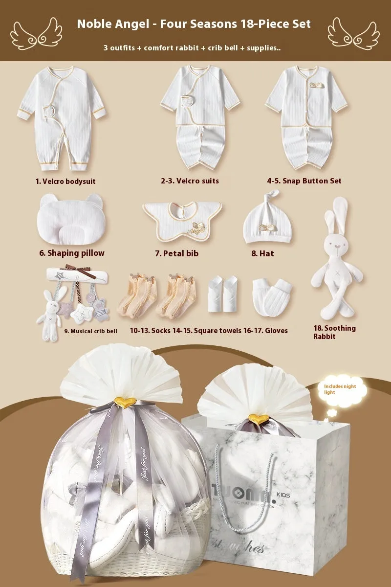 Cotton newborn gift box suit with long sleeve cardigan, soothing rabbit bed bell, and 18-23 pieces for 0-12 months babies