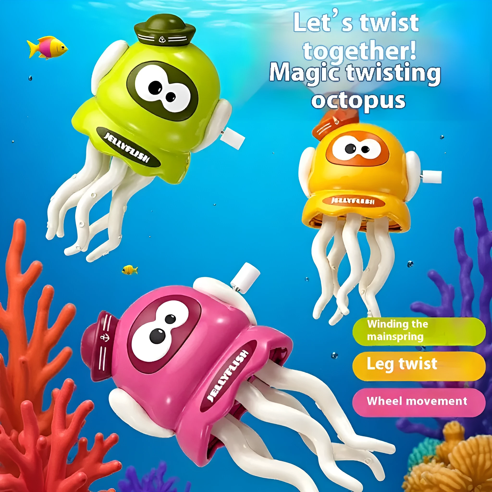 Magic Clockwork Dancing Octopus wind-up toy in green, plastic, 6.8x6.3x11.2cm, on a white surface