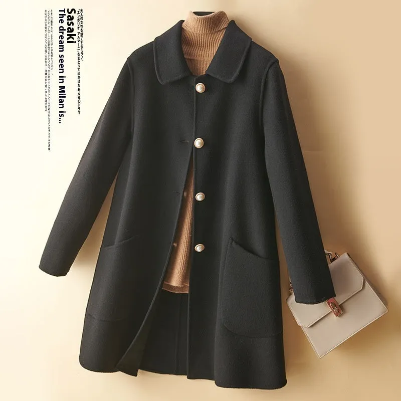 Women's double-faced wool coat with doll collar and pearl buckle in medium length