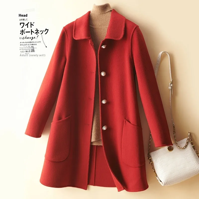 Women's double-faced wool coat with doll collar and pearl buckle in medium length