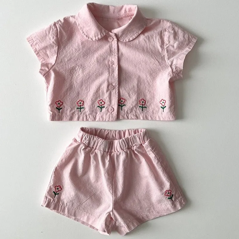 Cotton floral short sleeve shorts two-piece set for kids in pink and sapphire blue