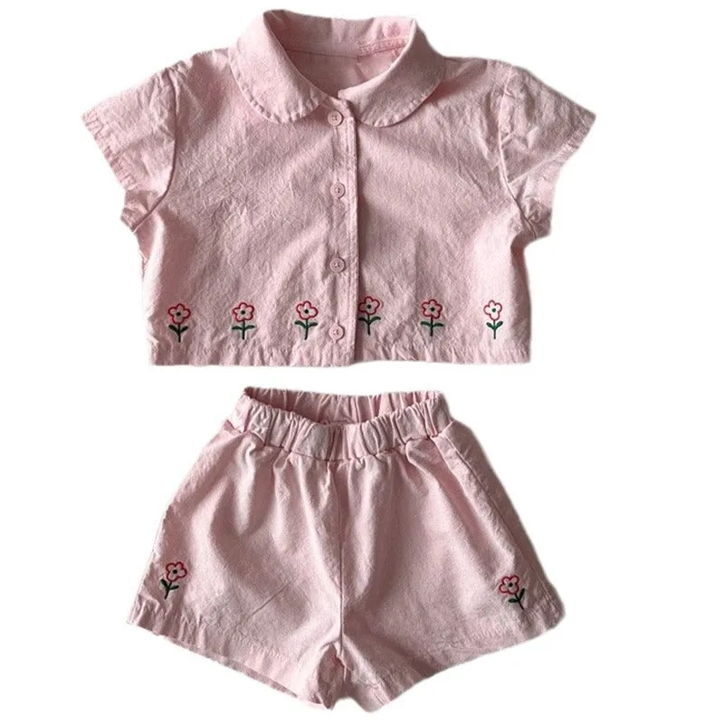 Cotton floral short sleeve shorts two-piece set for kids in pink and sapphire blue