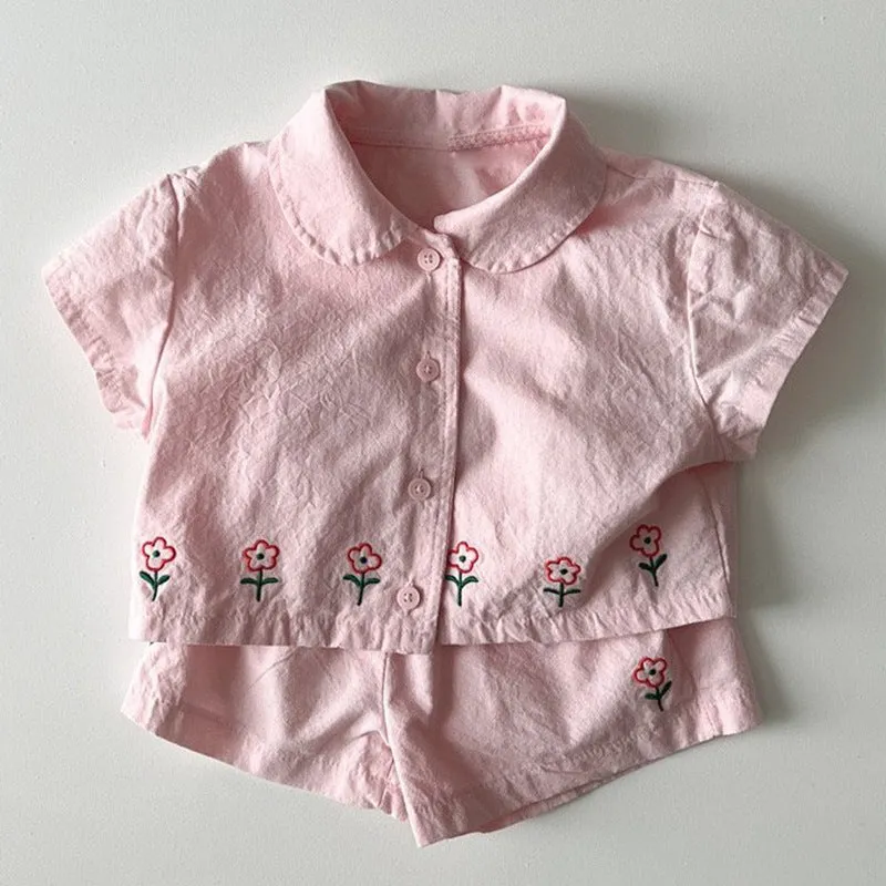 Cotton floral short sleeve shorts two-piece set for kids in pink and sapphire blue