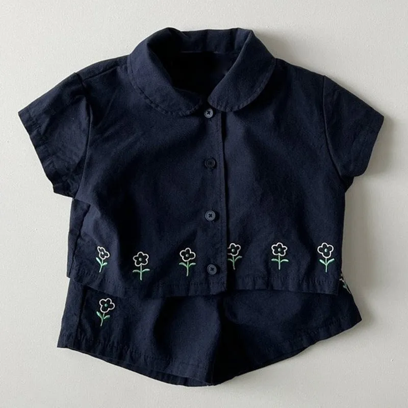 Cotton floral short sleeve shorts two-piece set for kids in pink and sapphire blue