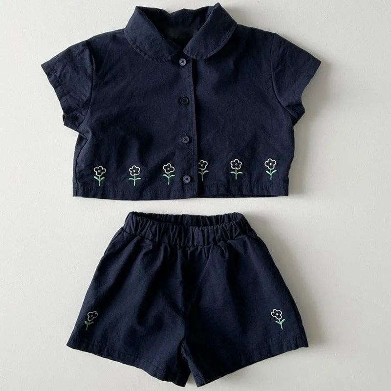 Cotton floral short sleeve shorts two-piece set for kids in pink and sapphire blue
