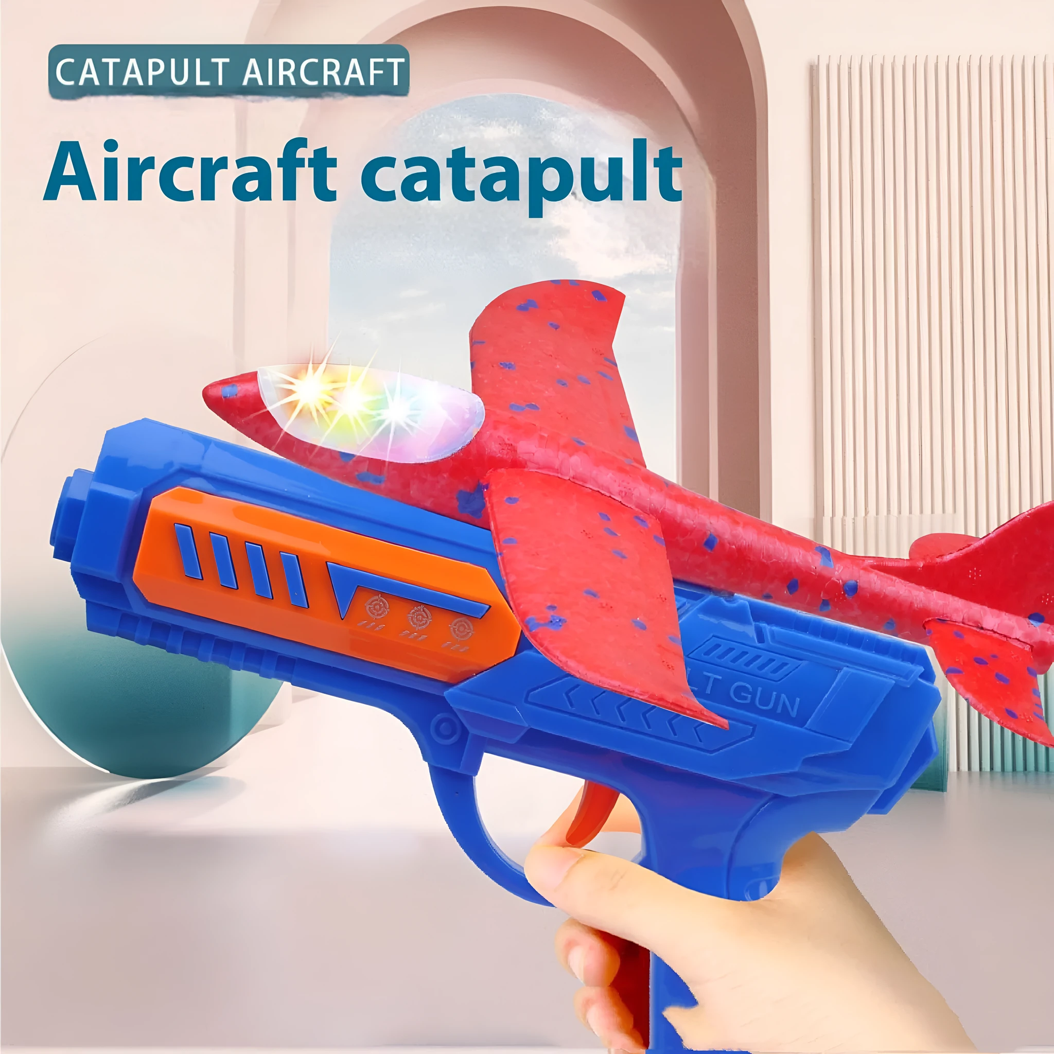 Plastic foam ejection model toy gun and airplane set with flashing light for children aged 4-6 years blue variant