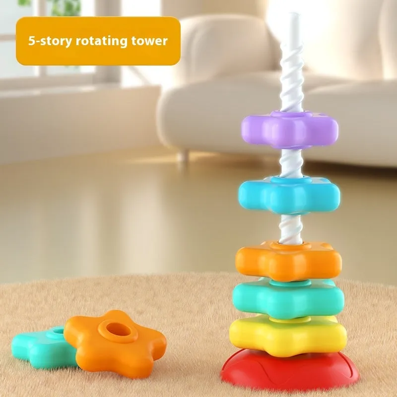 Rainbow rotating tower Jenga stacking toy with plastic pieces in 3-layer or 5-layer configuration for early education