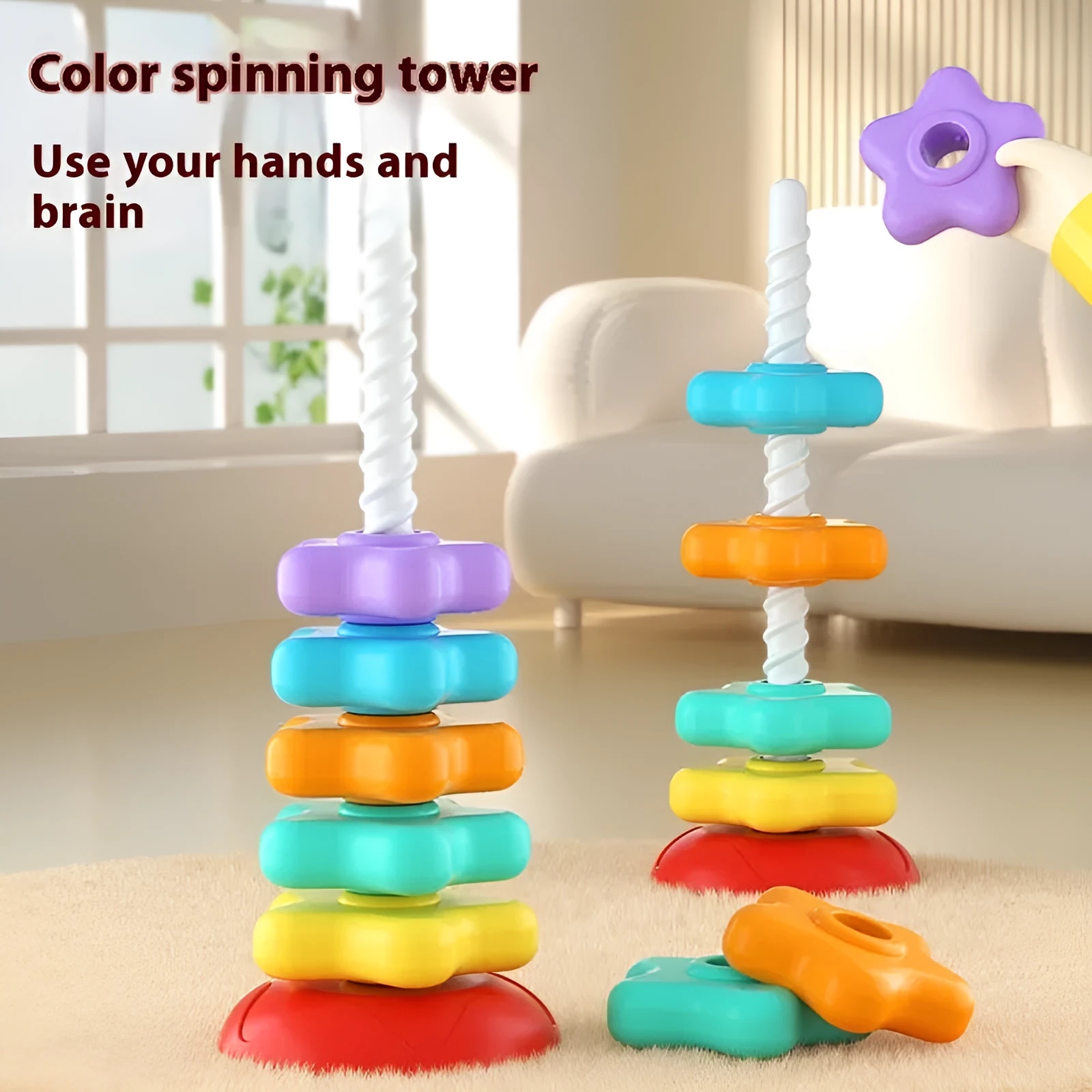 Rainbow rotating tower Jenga stacking toy with plastic pieces in 3-layer or 5-layer configuration for early education