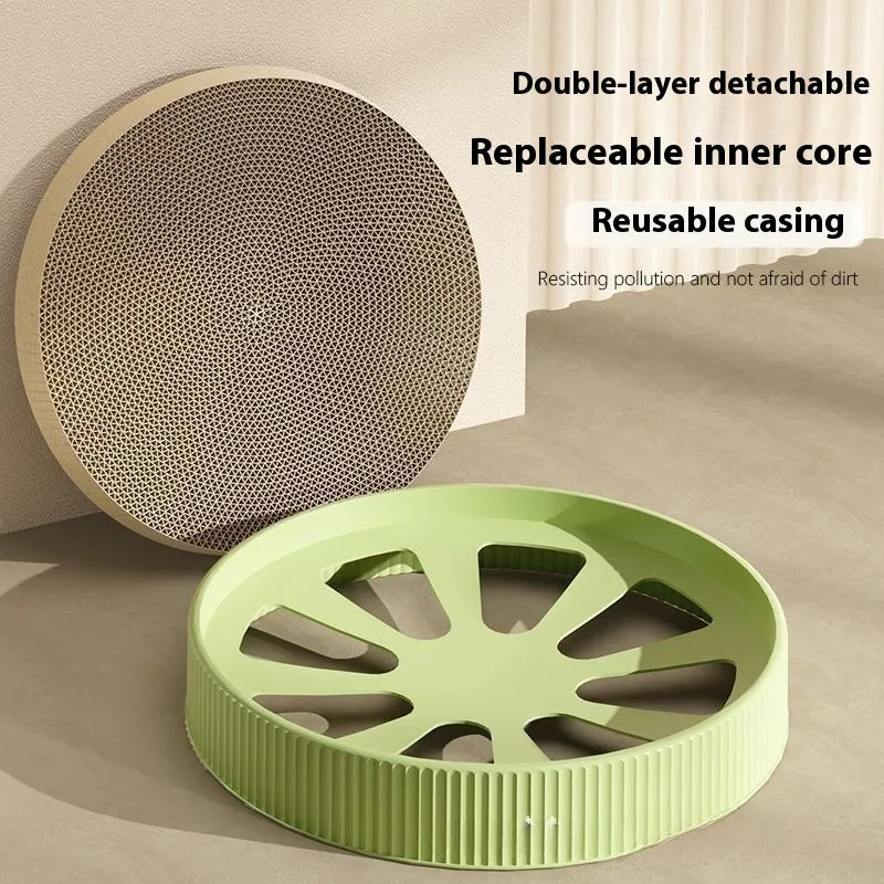 Round green and white cat scratching board with corrugated paper surface and replacement pads