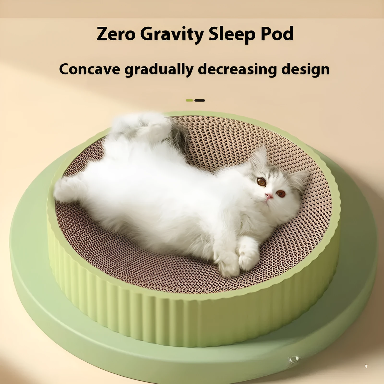 Round green and white cat scratching board with corrugated paper surface and replacement pads