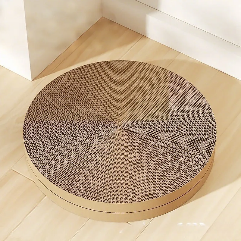 Round green and white cat scratching board with corrugated paper surface and replacement pads