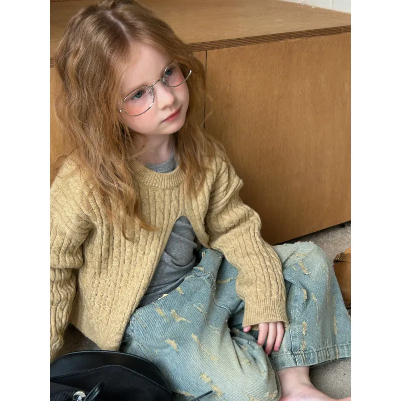 Girls cotton pullover retro split design lotus root colour knit sweater front view