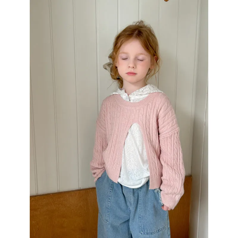 Girls cotton pullover retro split design lotus root colour knit sweater front view