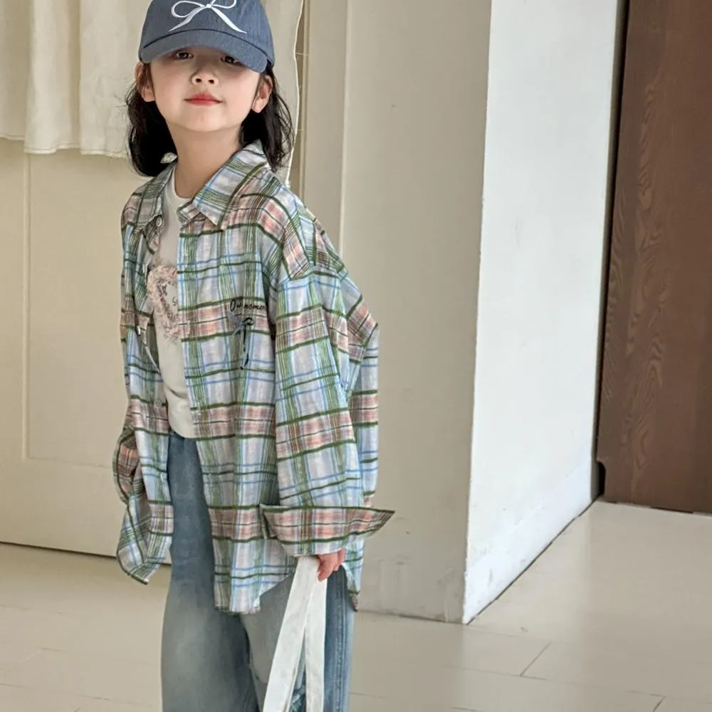 Little Red Fish blue plaid cotton long sleeve shirt for girls 110cm-160cm spring autumn casual