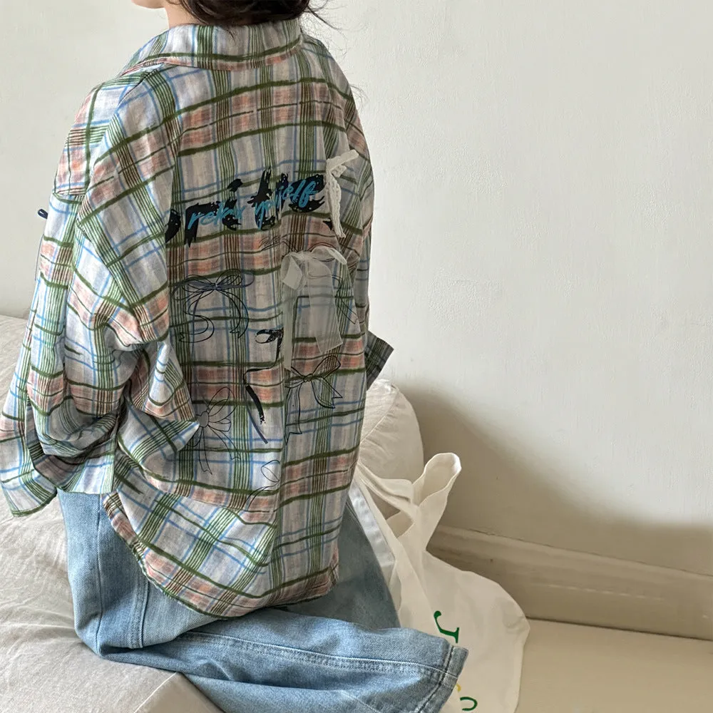 Little Red Fish blue plaid cotton long sleeve shirt for girls 110cm-160cm spring autumn casual