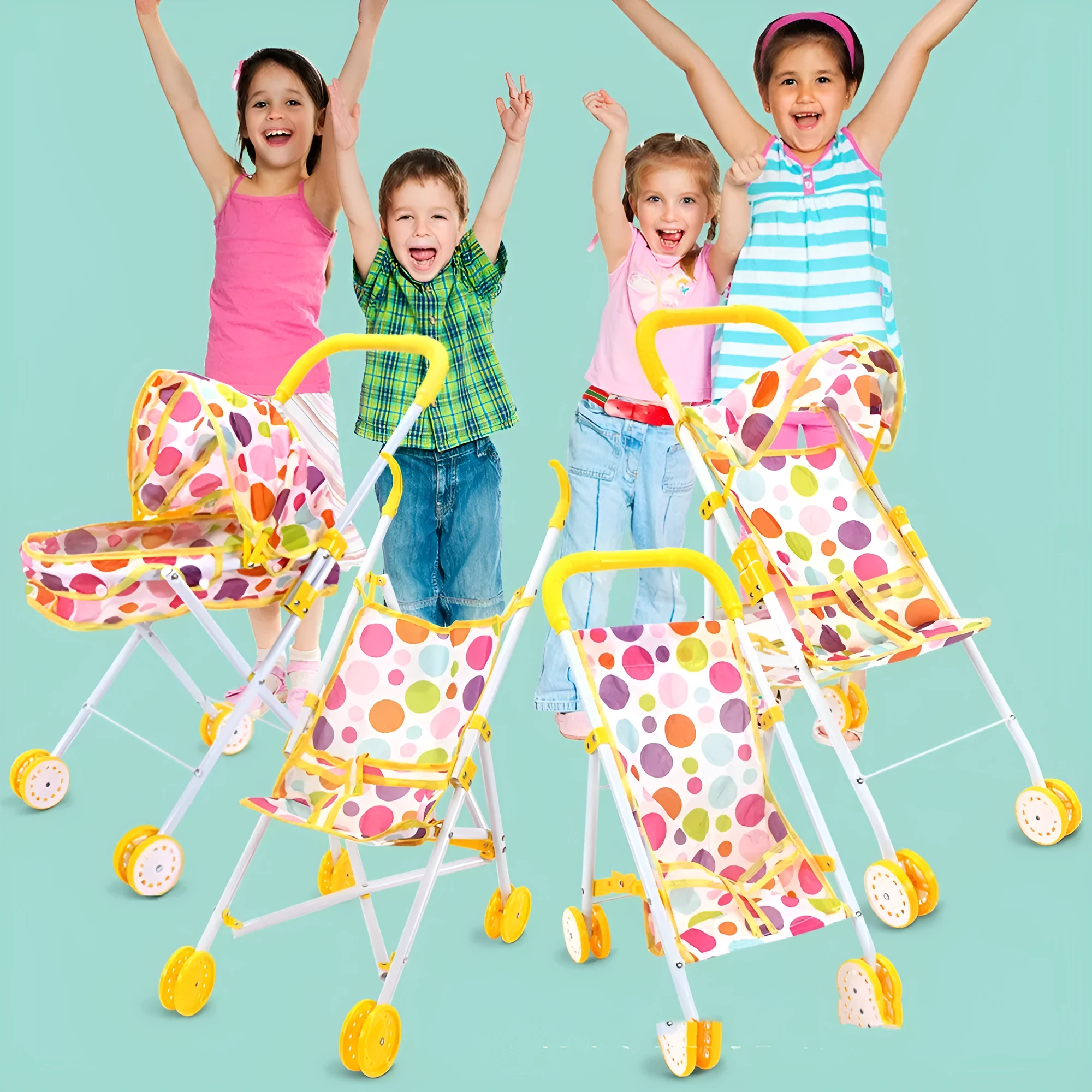 Girls metal baby stroller toy with iron rod construction for children aged 4-6 years, simulation trolley design