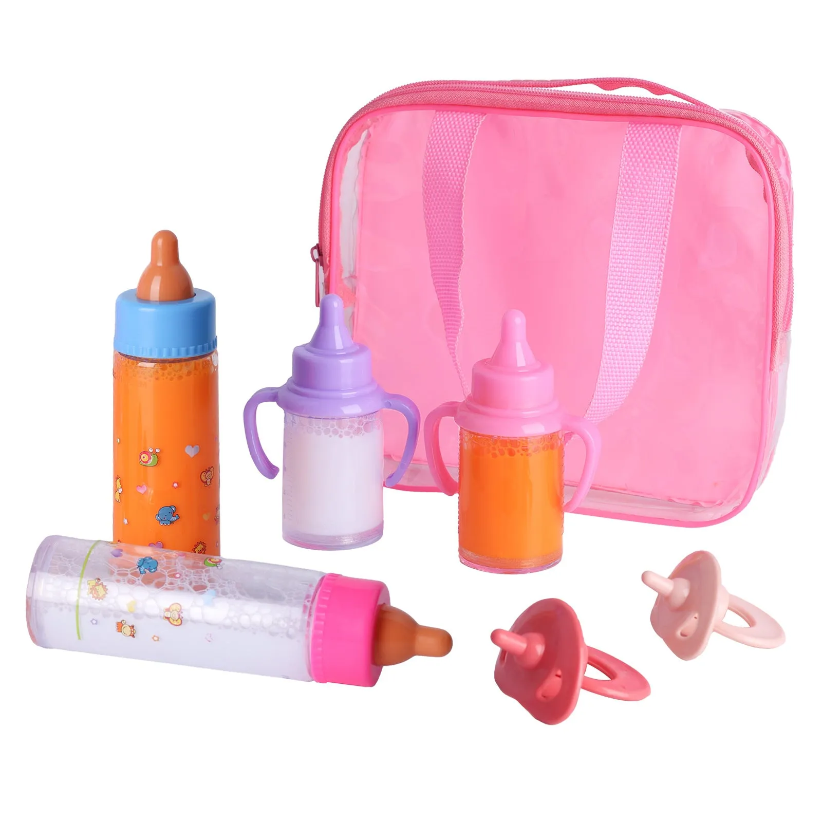 6-piece doll feeding set with two bottles and hand bag on white background