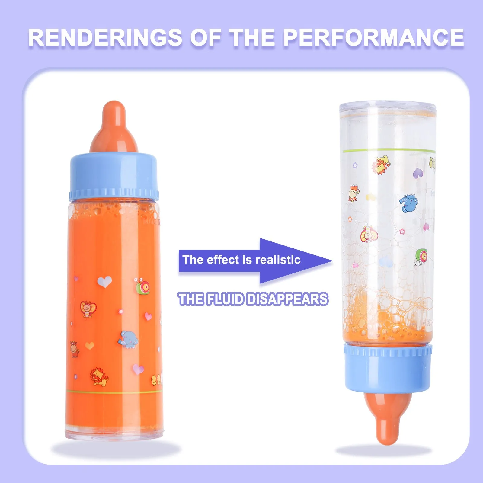 6-piece doll feeding set with two bottles and hand bag on white background