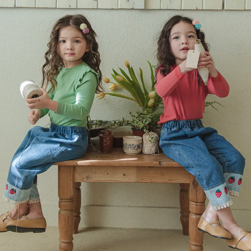 Lace patchwork embroidered strawberry casual toddler jeans, cotton denim, mid waist, hairband belt, suitable for 90-150cm height