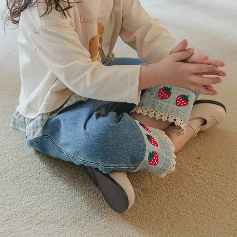 Lace patchwork embroidered strawberry casual toddler jeans, cotton denim, mid waist, hairband belt, suitable for 90-150cm height