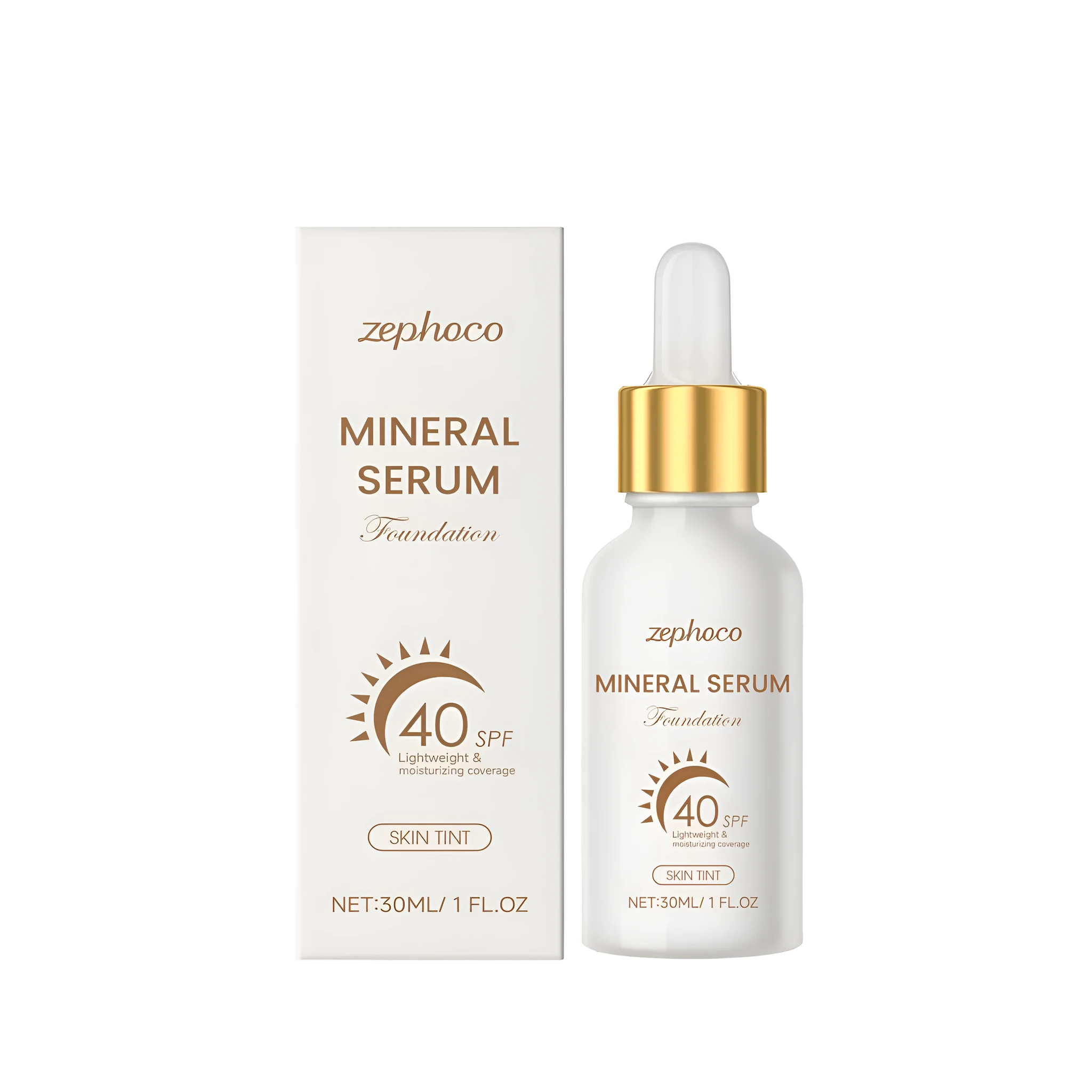 30ml bottle of sunscreen liquid foundation with SPF, showing ingredients titanium dioxide and zinc oxide.