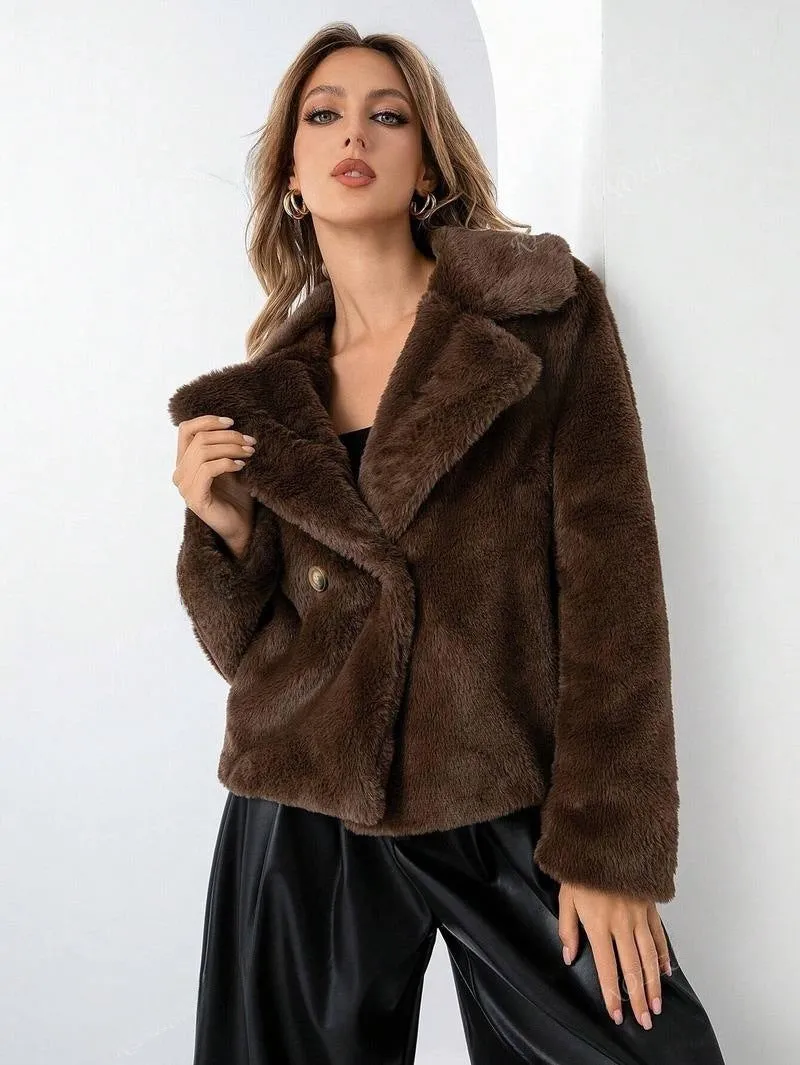 Short loose-fitting women's faux fur coat in rose red on a model.