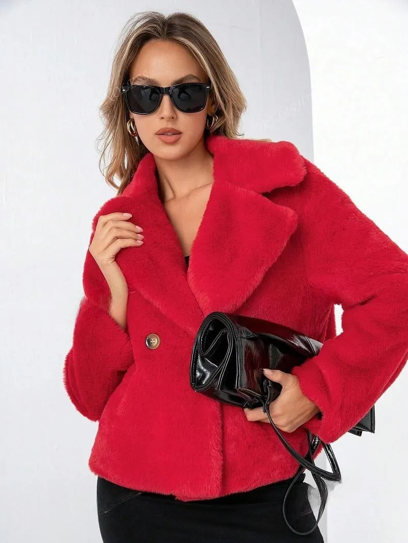Short loose-fitting women's faux fur coat in rose red on a model.
