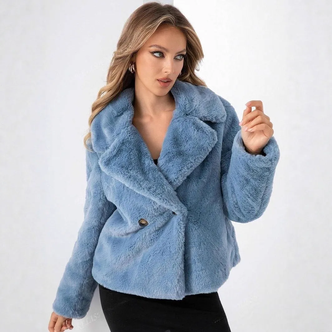 Short loose-fitting women's faux fur coat in rose red on a model.