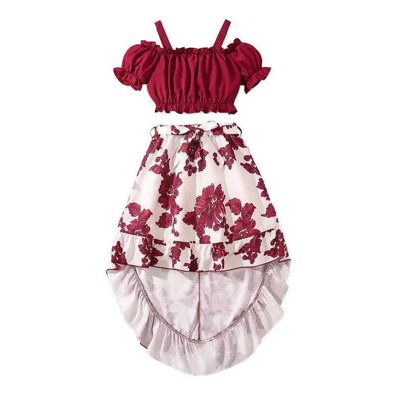 Girls retro printing two-piece set with solid colour top and flower print skirt, pink, polyester fiber