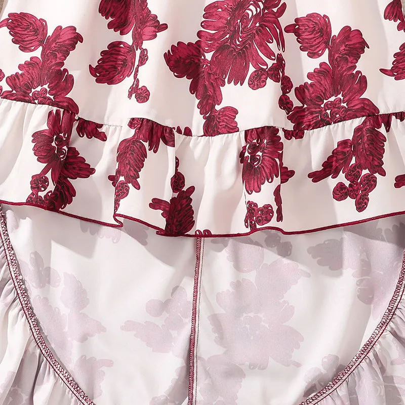 Girls retro printing two-piece set with solid colour top and flower print skirt, pink, polyester fiber