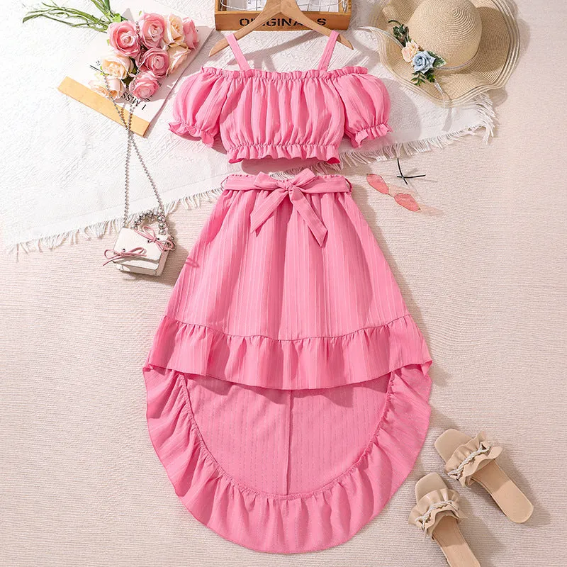 Girls retro printing two-piece set with solid colour top and flower print skirt, pink, polyester fiber