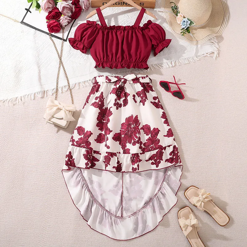 Girls retro printing two-piece set with solid colour top and flower print skirt, pink, polyester fiber