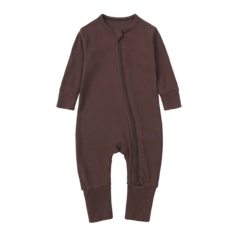 Newborn baby romper in solid colour rib fabric with zip-up closure and long sleeves, bamboo-fibre blend