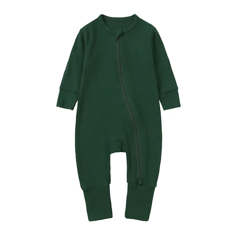 Newborn baby romper in solid colour rib fabric with zip-up closure and long sleeves, bamboo-fibre blend