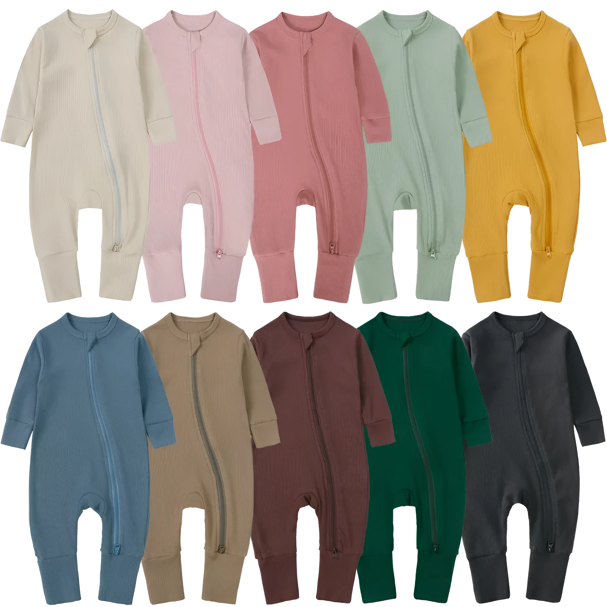 Newborn baby romper in solid colour rib fabric with zip-up closure and long sleeves, bamboo-fibre blend