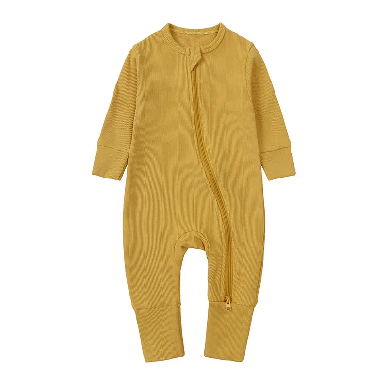 Newborn baby romper in solid colour rib fabric with zip-up closure and long sleeves, bamboo-fibre blend