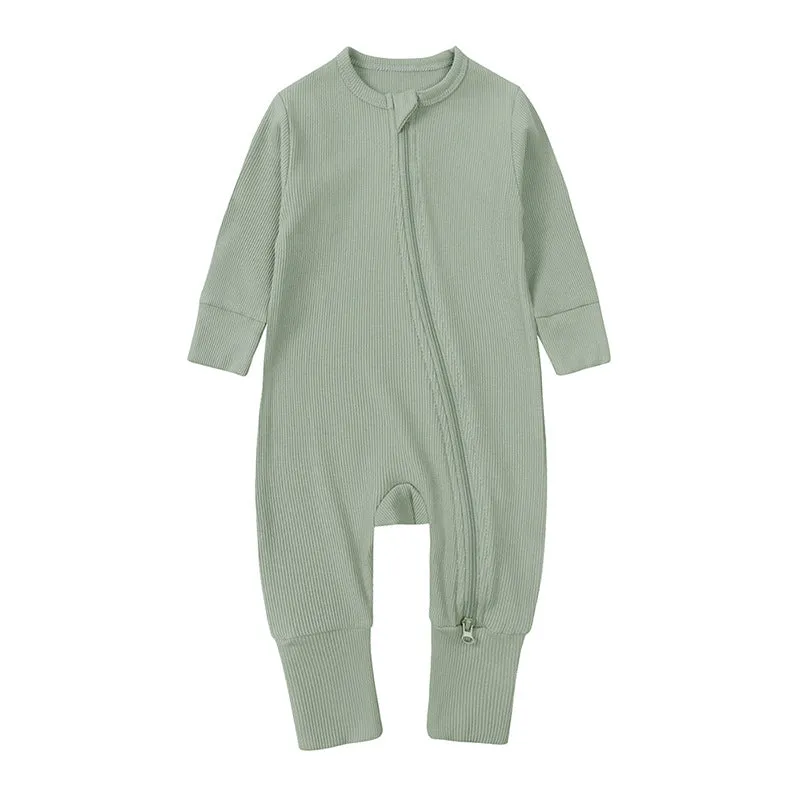Newborn baby romper in solid colour rib fabric with zip-up closure and long sleeves, bamboo-fibre blend