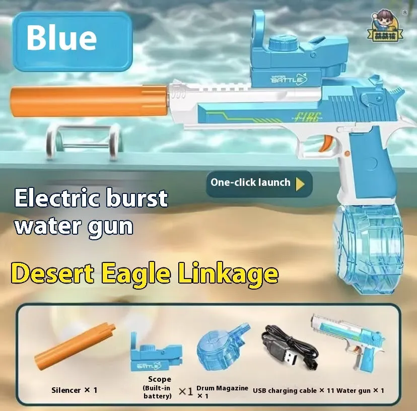 Fire light effect electric water gun with continuous spray, blue colour option, plastic toy for teenagers