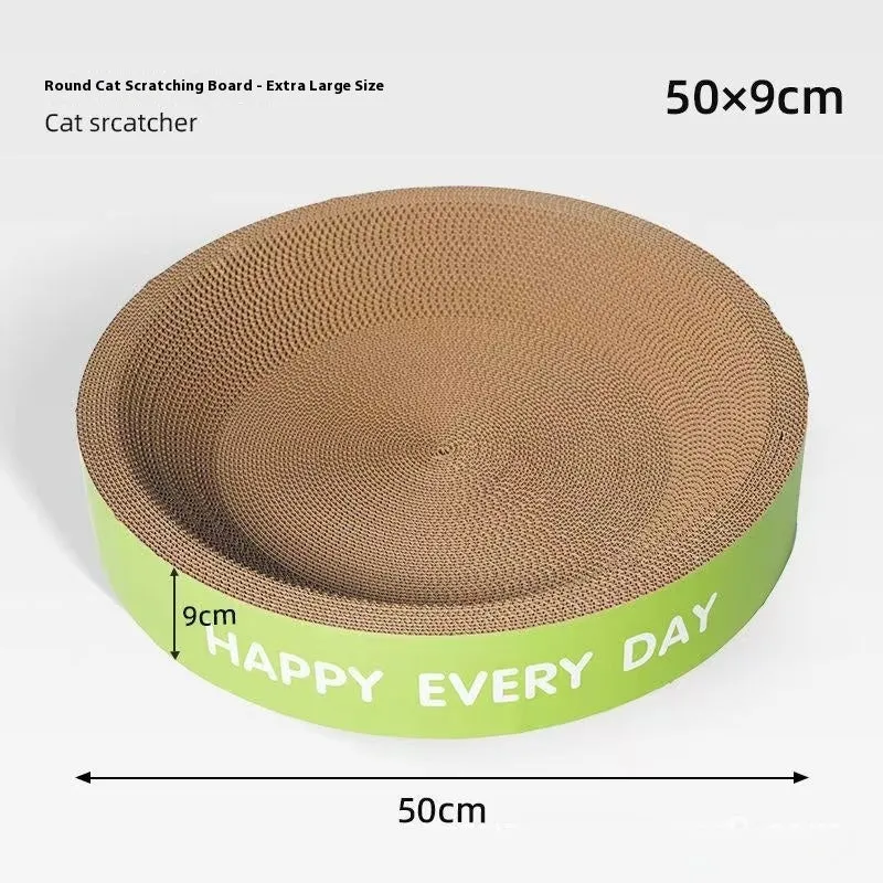 Green round cat scratching board nest with sisal surface, shown in 50cm and 55cm diameter sizes.