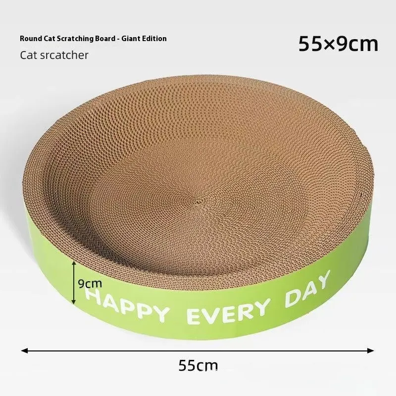 Green round cat scratching board nest with sisal surface, shown in 50cm and 55cm diameter sizes.