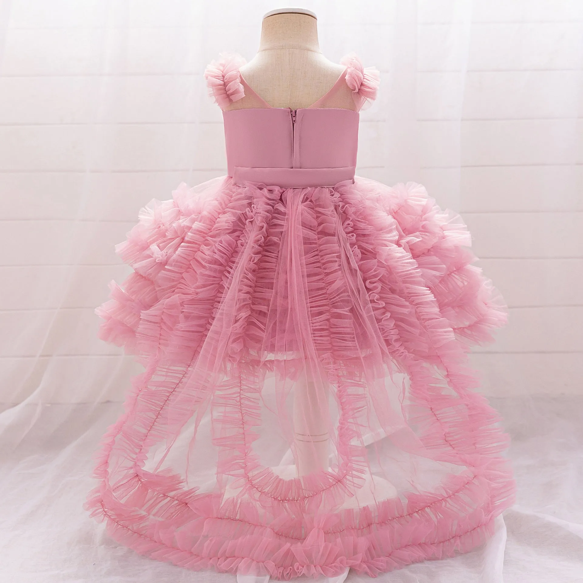 New children's sleeveless mesh long dress in bean pink for girls, suitable for height 70cm to 110cm