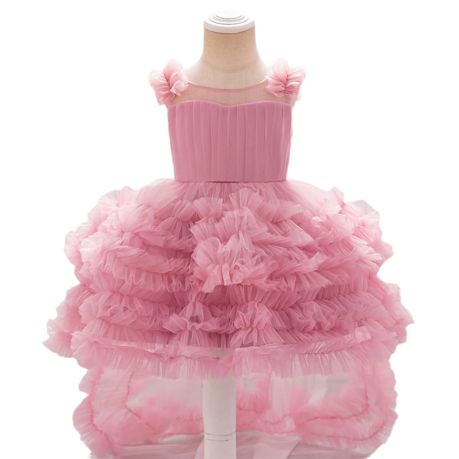 New children's sleeveless mesh long dress in bean pink for girls, suitable for height 70cm to 110cm