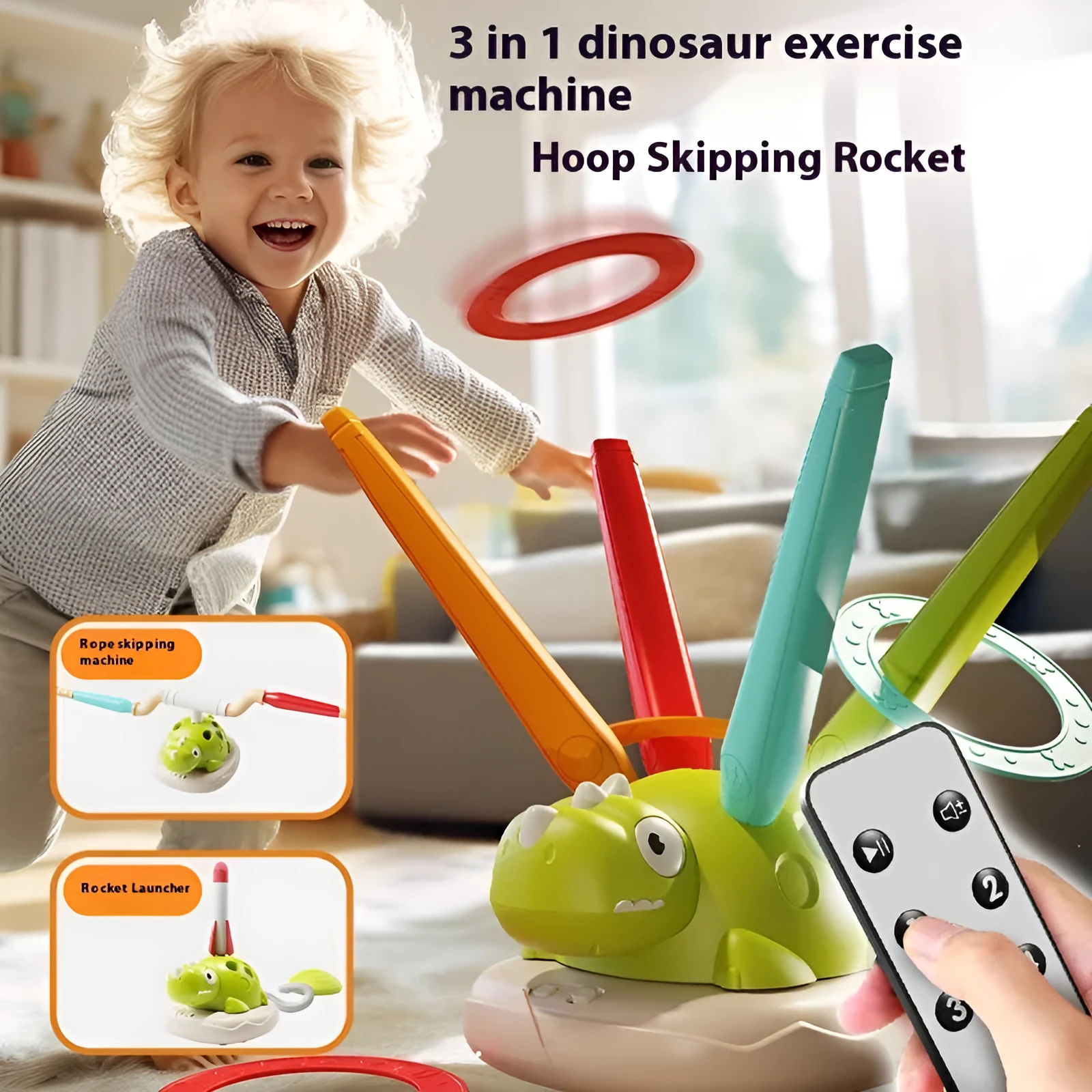 Three-in-one dinosaur exercise machine toy set for children aged 3-6 with ring throwing skipping rope skyrocket plastic construction