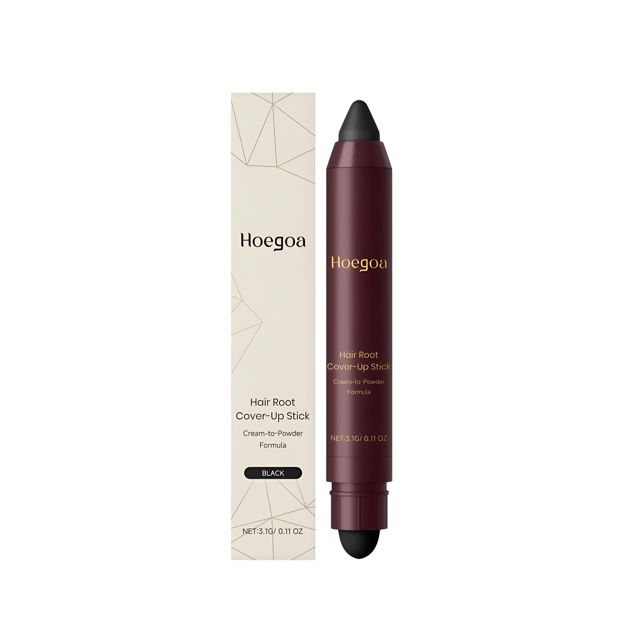 Hair root cover-up cosmetic stick in Black and Dark Brown shades for temporary grey coverage