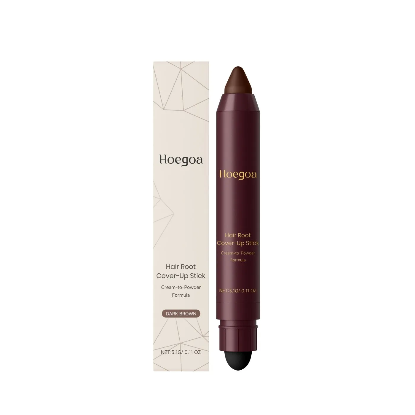 Hair root cover-up cosmetic stick in Black and Dark Brown shades for temporary grey coverage