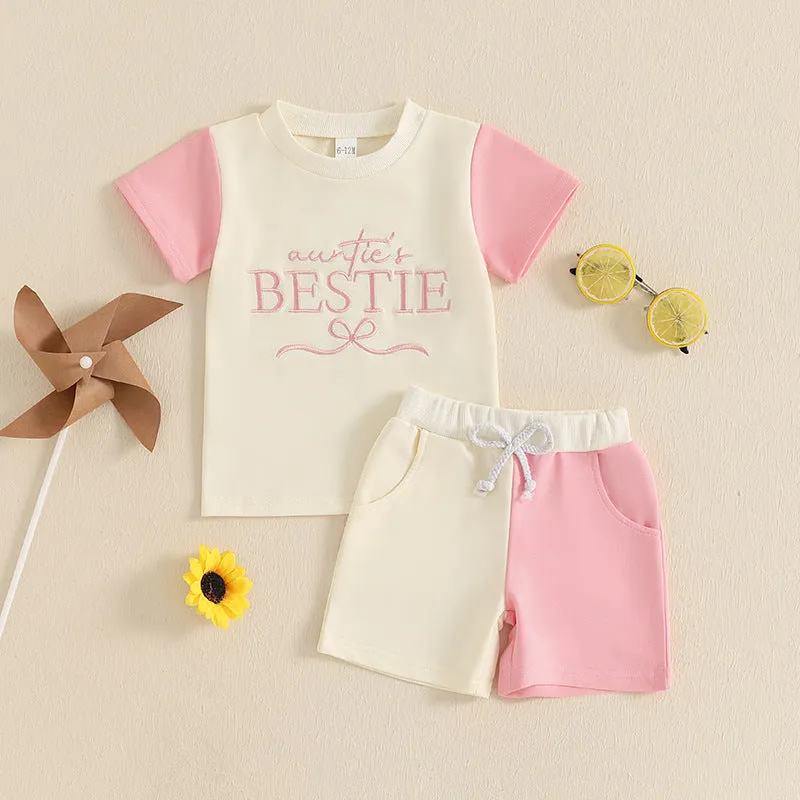 Children's cotton colour matching letters two-piece set shirt and pants pink blue sizes 6-12M to 3-4Y