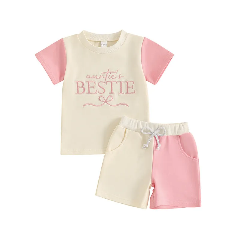 Children's cotton colour matching letters two-piece set shirt and pants pink blue sizes 6-12M to 3-4Y