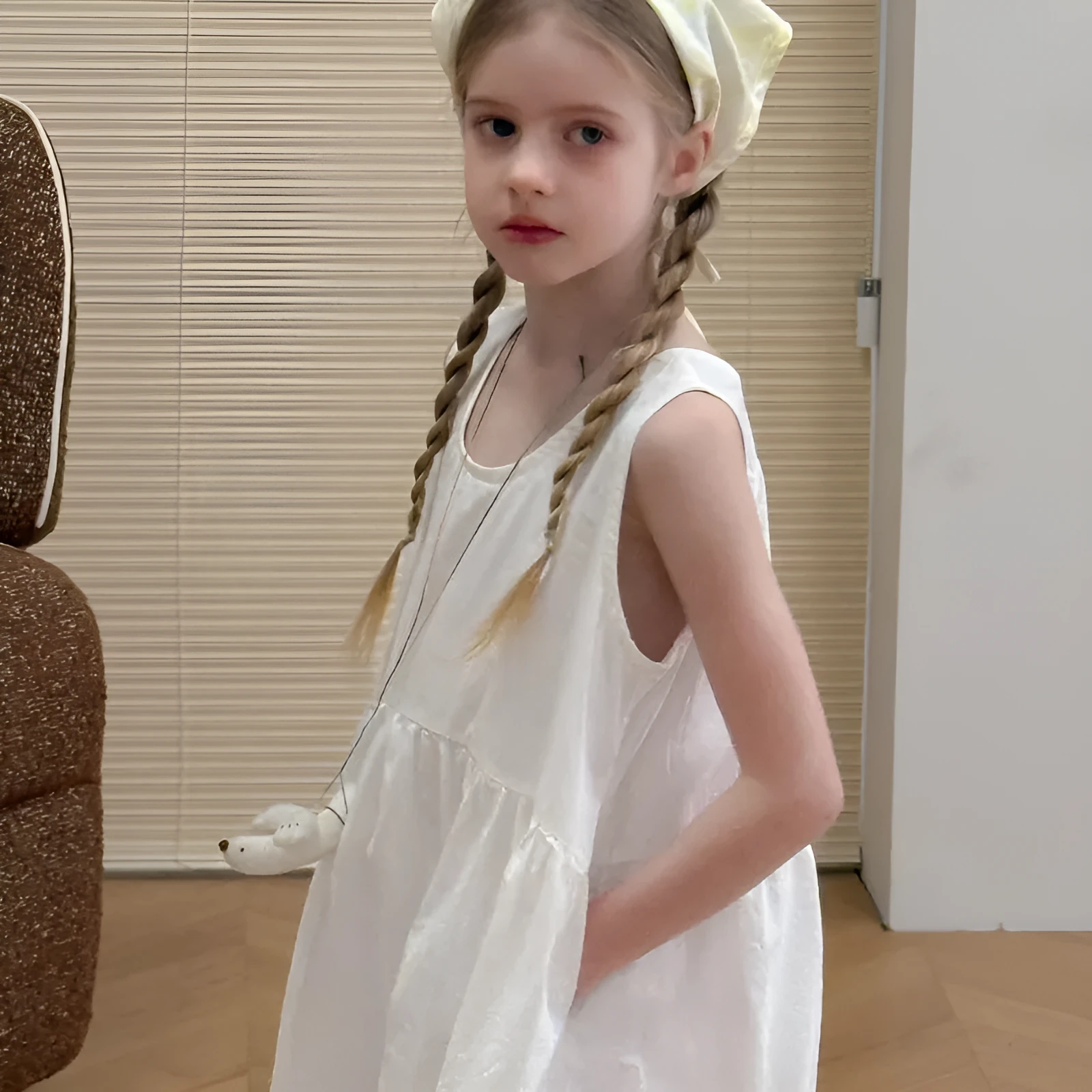 New girls white suspender French dress made of cotton with dot pattern for summer